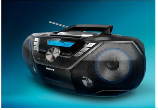 Zwarte Philips radio/CD-speler met DAB+ en Bluetooth, sfeervol belicht.