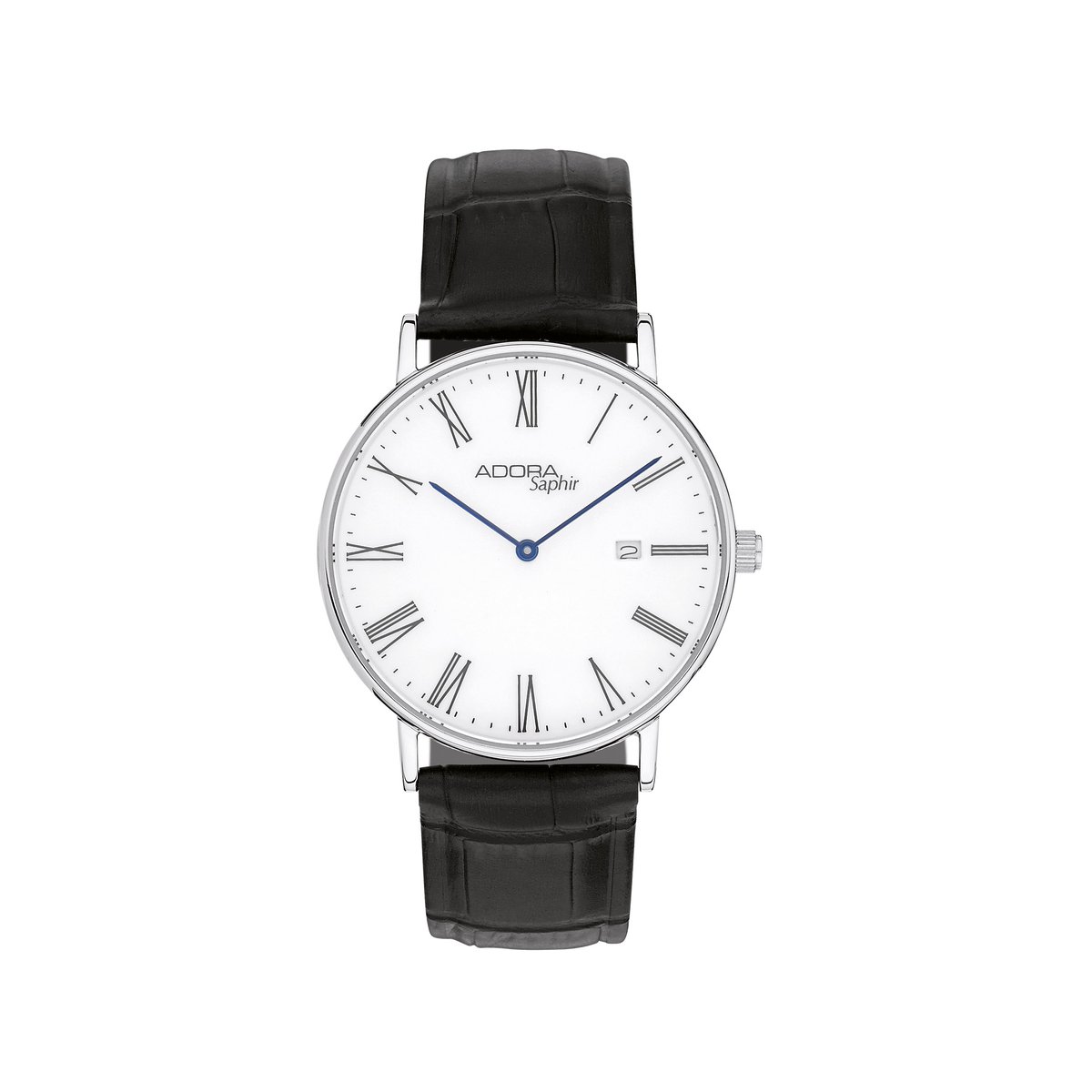 Herenhorloge Adora Saphir - Klassiek design met Romeinse cijfers, Saffierglas, Zwart leren band, Zilverkleurige kast - AS4734
