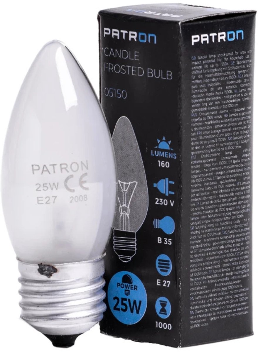 Patron E27 Kaars Gloeilamp | 25W 2700K 160Lm Mat | Dimbaar