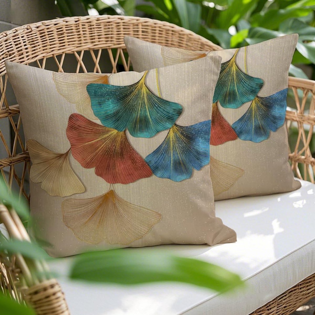 Ibenzoa Set van 2 Stijlvolle Waterdichte Linnen Kussenhoezen met Ginkgobladontwerp voor Binnen en Buiten, 45 x 45 cm Beige
