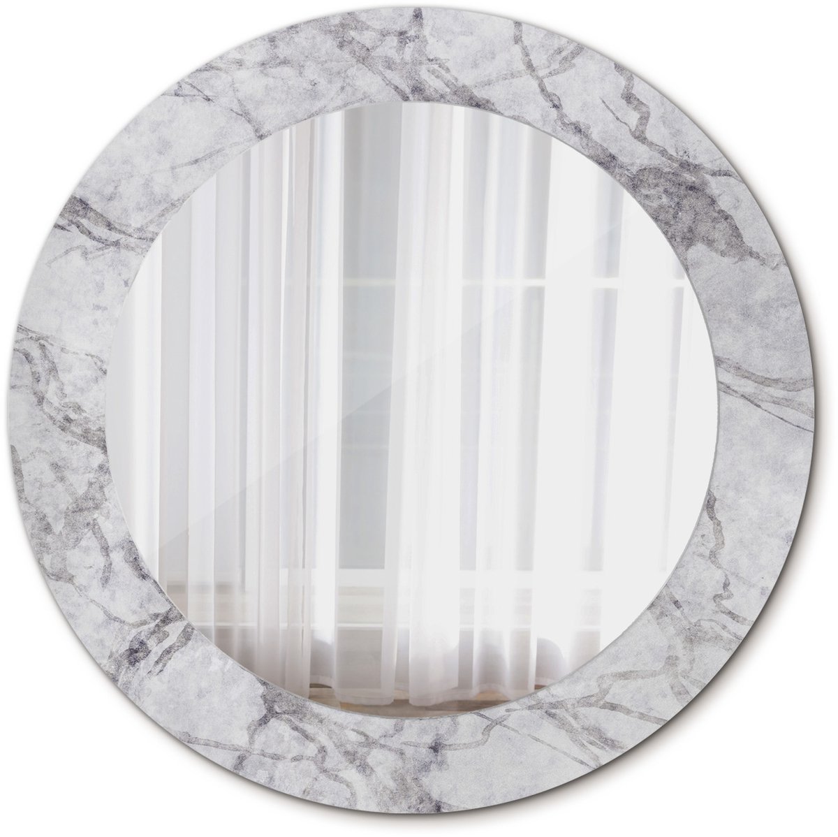 Tulup Spiegel - Ronde vorm Spiegel - op gehard Glas - Wit marmer - Diameter: 60 cm - Spiegel met decoratief motief - Inloopkastspiegel – Badkamerspiegel - Toiletspiegel - Grijze - Wanddecoratie Spiegel - Make-up Spiegel - Spiegelmontageset