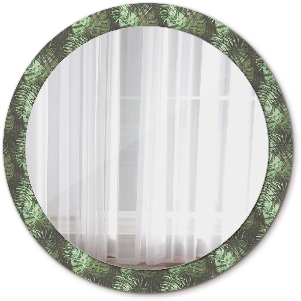 Tulup Spiegel - Ronde Spiegel - Spiegel op gehard Glas - Tropische bladeren - Diameter: 90 cm - Spiegel met decoratieve opdruk - Spiegel voor elke ruimte - Groene - Met spiegelprint - Decoratief Spiegel - Hangspiegel
