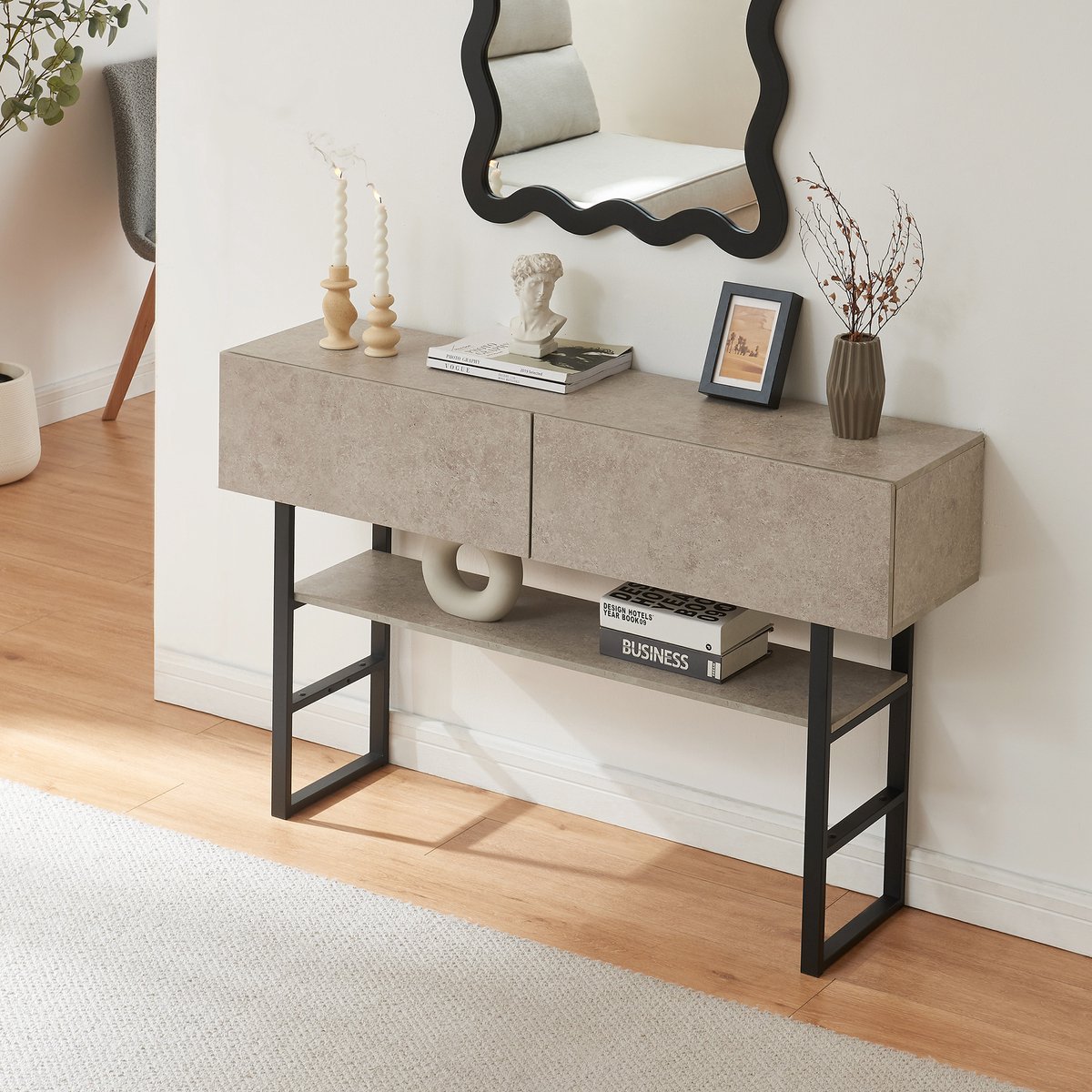 Consoletafel Varberg 120x30x75 cm betonkleurig licht en zwart [en.casa]
