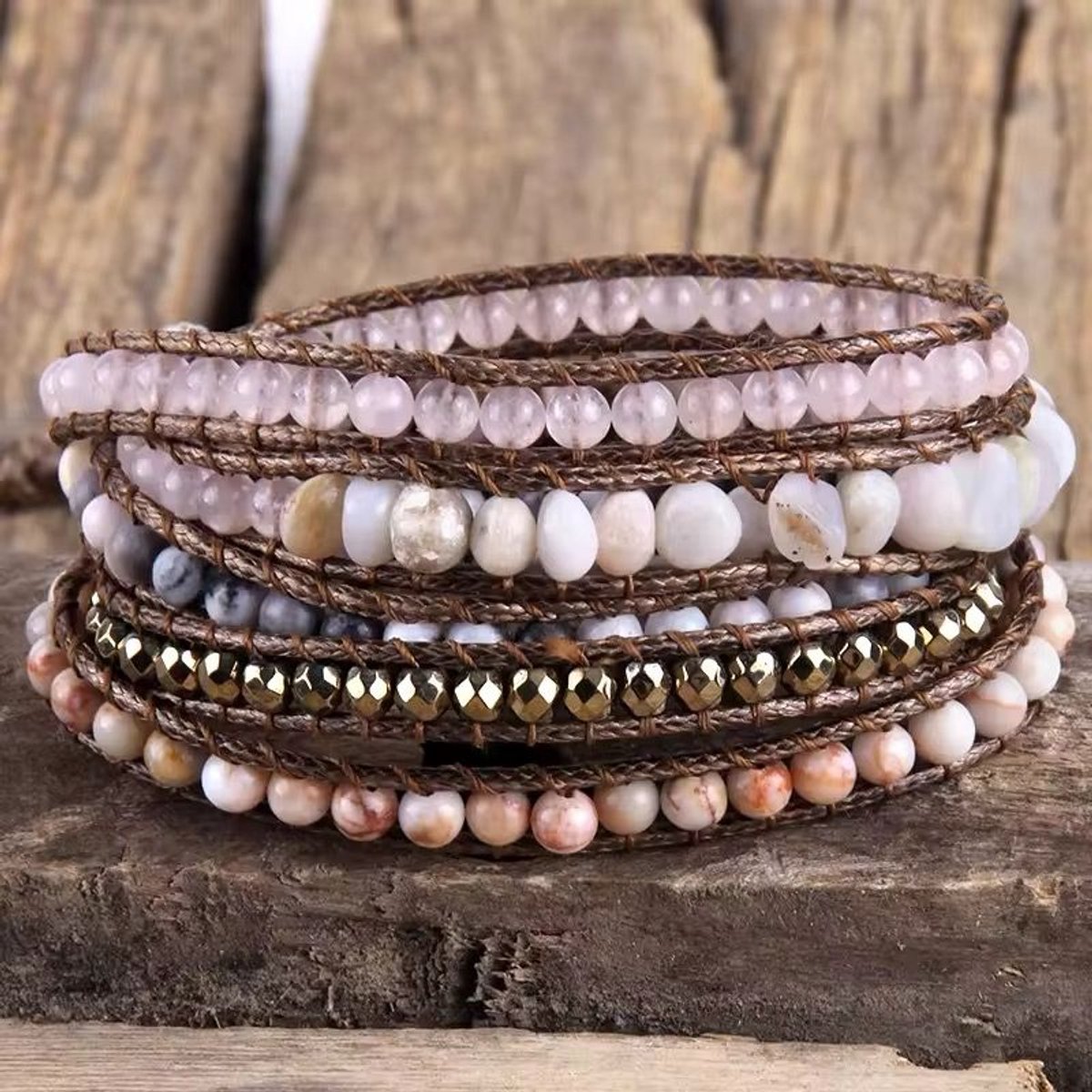 ASTRADAVI Mode Sieraden - Armband - Prachtige Meerlaagse Natuursteen Armband - Verstelbare Lengte - Roze