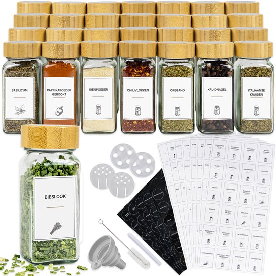 Budu Kruidenpotjes Vierkant - 28 stuks - Met Deksel - Kruidenstrooier - Incl. Stickers, Blanco Labels, Krijtstift & Accessoires - Kruiden potjes