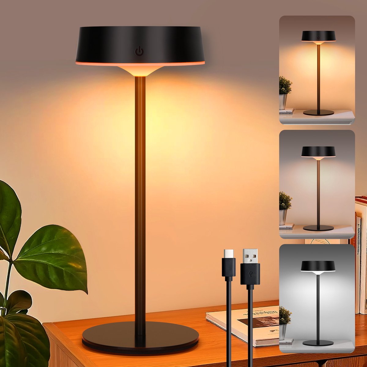 Rosnek LED Bureaulampen - Draadloze Solar Buitenlamp met Aanraakschakelaar, USB-Oplaadbare Tafellamp - IP67 Waterdicht, 3 Kleurtemperaturen, Traploos Dimbaar - voor Binnen en Buiten (Zwart)
