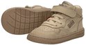 Taupe leren babysneakers met veters en klittenbandsluiting, zool met sterren.