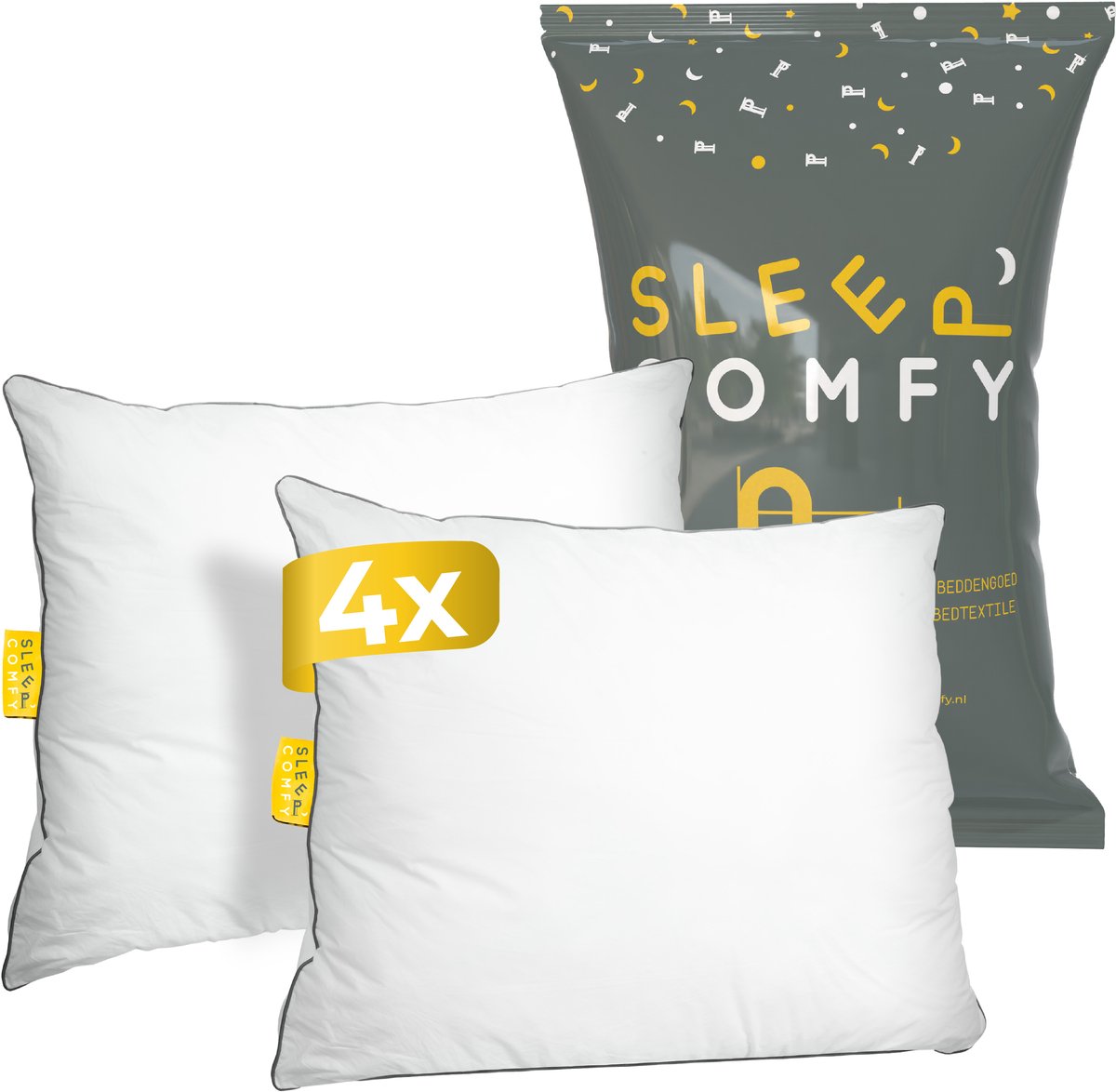 Sleep Comfy Bundle Series - Set van 4 Katoen Hoofdkussen - Hotelkwaliteit - Ultiem Comfort - Verlicht Nek- en Rugklachten - Orthopedisch & Ergonomisch - Katoen Tijk - Geschikt voor Alle Slaaphoudingen - 60x70 cm