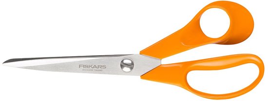 Fiskars schaar met oranje handgrepen en roestvrijstalen mes, met een recht mes.