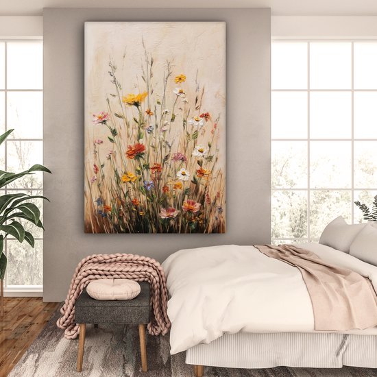 Canvas schilderij 120x180 cm - Exclusieve wanddecoratie Wilde bloemen - Penseelstreken - Rustgevend - Muurdecoratie woonkamer - Slaapkamer decoratie - Kamer accessoires - Schilderijen op canvas