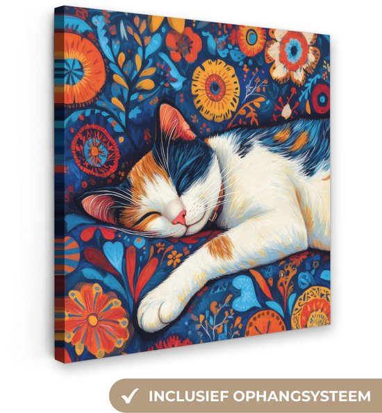 Canvas schilderij 50x50 cm - Exclusieve wanddecoratie Kat - Bloemenpatroon - Blauw - Oranje - Muurdecoratie woonkamer - Slaapkamer decoratie - Kamer accessoires - Schilderijen op canvas