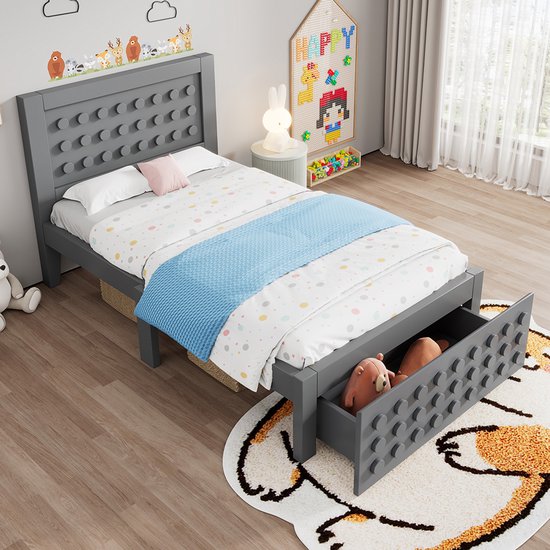 Hoogslaper 90x200 cm - Kinderbed met uitschuifbaar bed en lattenbodem - bruin - matras niet inbegrepen