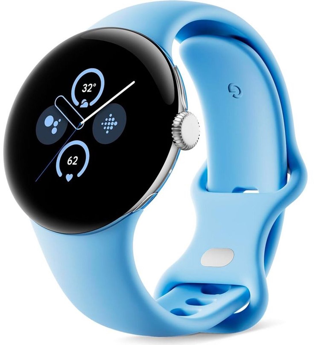 Google Pixel Watch 2 – Zilverkleurige kast – Blauw sportbandje – GPS – 5ATM – Fitbit functies – 24u batterij – AMOLED scherm
