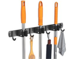 BOTC Bezemhouder - Bezemhouder ophangsysteem - Tuingereedschap - 3 Houders 4 Haken - 304 RVS - 3M Tape - Zwart