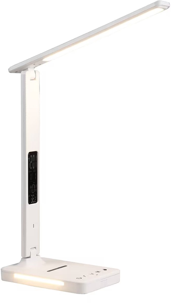 Avide LED Bureaulamp Mona met Draadloze Oplader Dimbaar 7W - Met Klok + Thermometer + Datum Functie - 350 lumen - Wit