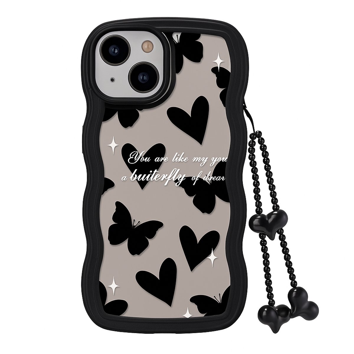 Golvend Hoesje Geschikt voor iPhone 15 Telefoonhoesje Case Hartjes en Vlinders Patroon met Koord