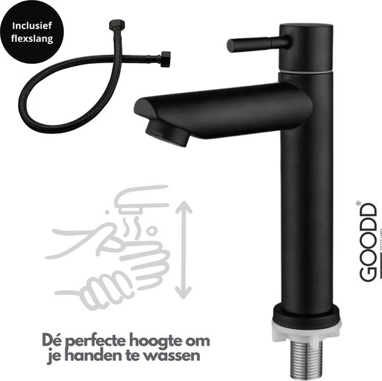 GOODD® Frejus - Fonteinkraan - Toiletkraan - Koudwaterkraan - Wc kraan - Zwart - Met zwart nylon aansluitslang