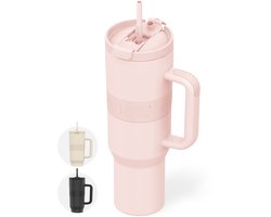 ONYX Drinkfles met Rietje 1.2 Liter - Waterfles voor Kinderen & Volwassenen - Thermosbeker RVS Travel Mug - Motiverende Drinkbus - Drinkbeker voor School - Roze