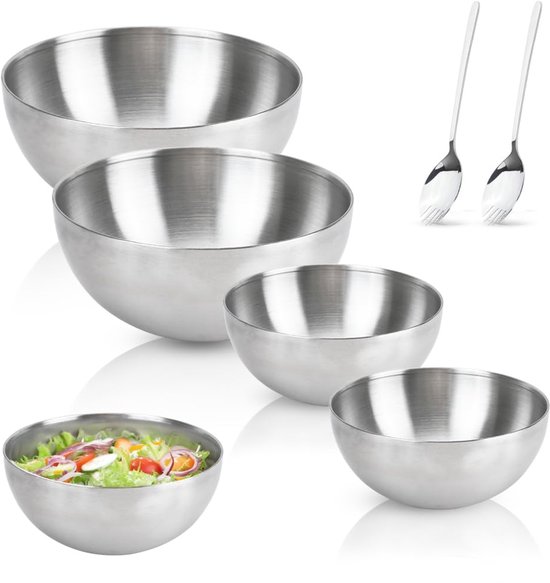 Set van 4 RVS Mengkommen met 2 Salatbestekken voor Efficiënte Opslag en