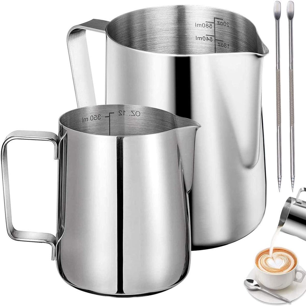 Roestvrij Stalen Melkkan Set - 350 ml en 600 ml - Inclusief 2 Latte Art Pennen
