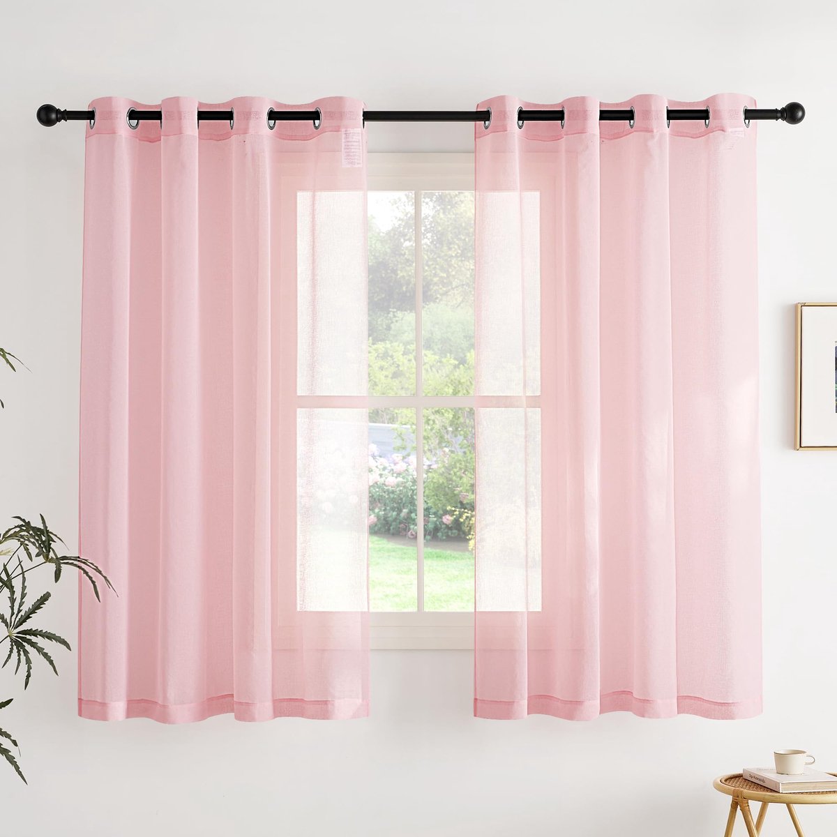 Ibenzoa® Gordijnenset van 2 in roze voile met inslagringen, luchtig en doorlaatbaar design
