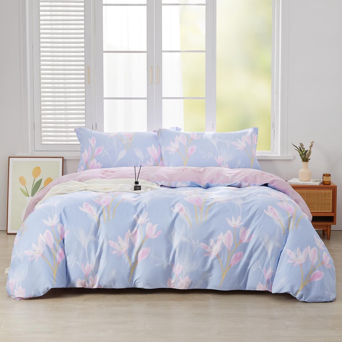 Ibenzoa® Beddengoedset 135x200 cm - 2-delig, Katoen, Paars, Bloemenprint