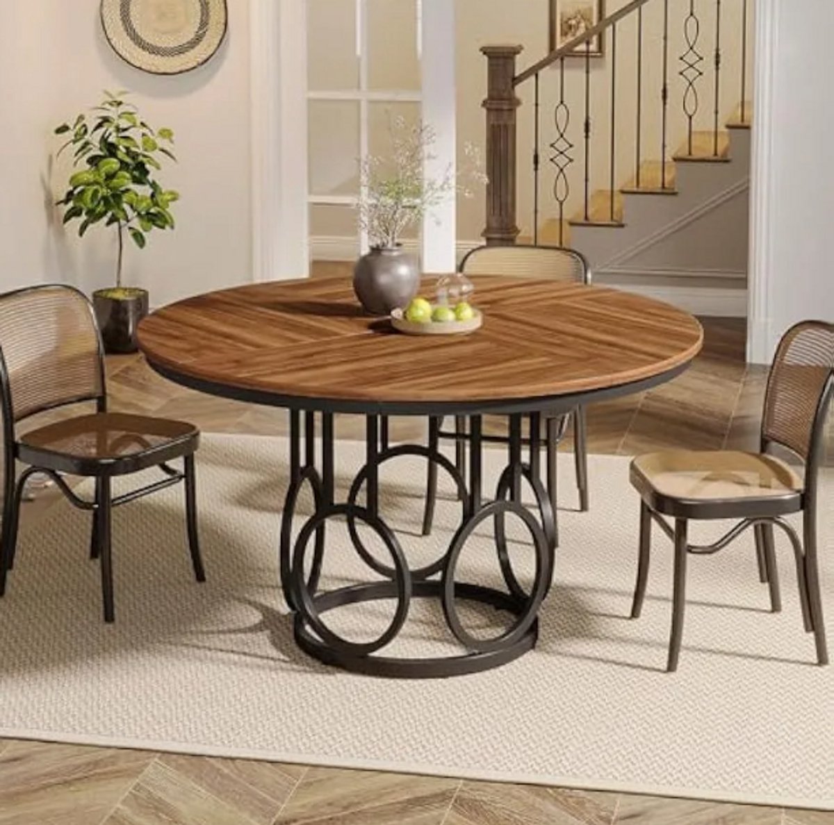 Ronde Eetkamertafel – 120 cm Landelijke Stijl met Metalen Onderstel