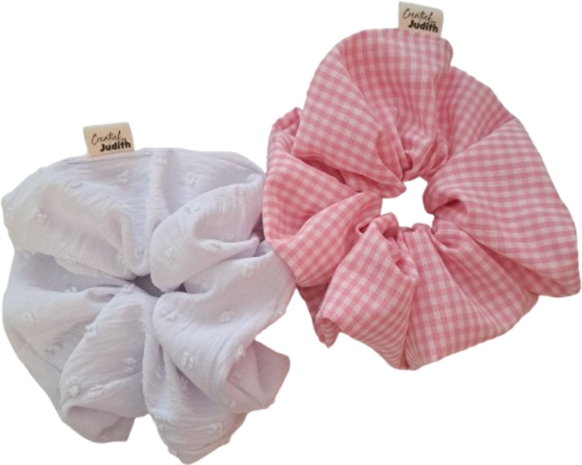 Scrunchie XL - 2 stuks - Haaraccessoire - Haarelastiek - Handgemaakt - Cadeau voor Vrouwen - Haarwokkel - Musthave - roze en wit