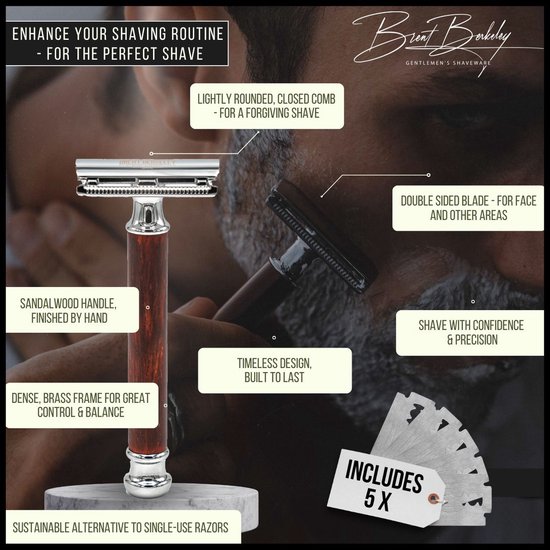 Brent Berkeley® Safety Razor Scheerset - Professioneel Veiligheidsscheermes / Krabbertje met Scheerkom, Scheerkwast & Double Edge Blades