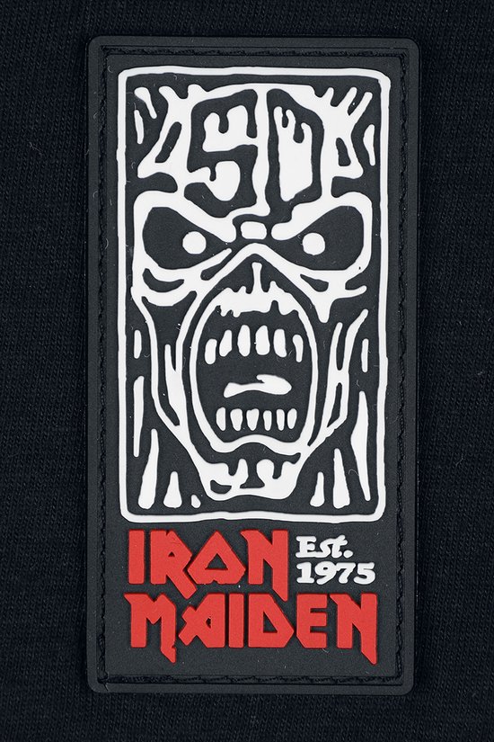 Zwart Iron Maiden patch met Eddie's gezicht en de tekst 'IRON MAIDEN Est. 1975'.