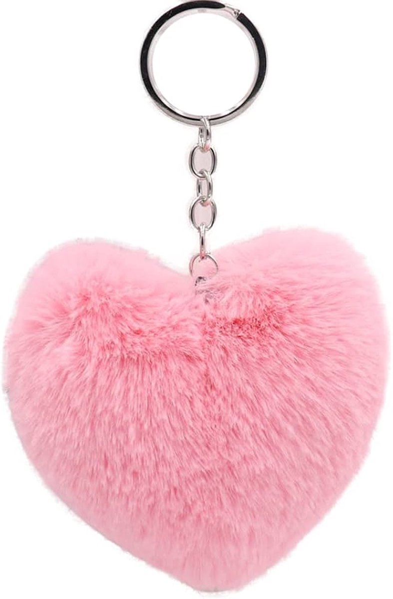 Ulanax® | Pluche sleutelhanger - Hartje - Hartvormig - Fluffy - Zacht - Imitatiebont - Lichtroze