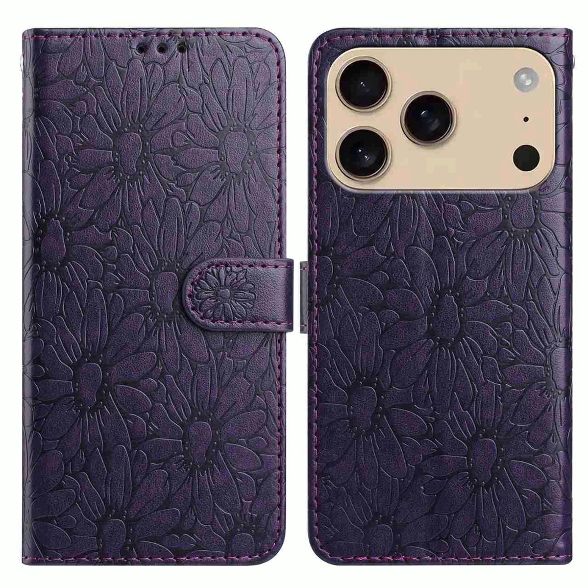 Mobigear Telefoonhoesje geschikt voor Apple iPhone 17 Pro Max Hoesje | Mobigear Flowers Bookcase Portemonnee | Pasjeshouder voor 3 Pasjes | Telefoonhoesje voor Pinpas / OV Kaart / Rijbewijs - Paars