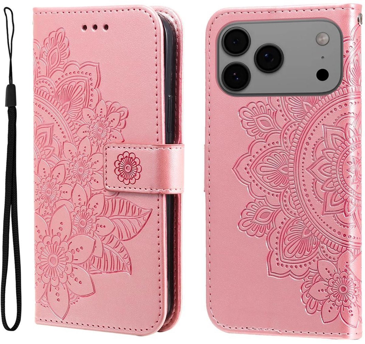 Mobigear Telefoonhoesje geschikt voor Apple iPhone 17 Pro Max Hoesje | Mobigear Flowers Bookcase Portemonnee | Pasjeshouder voor 3 Pasjes | Telefoonhoesje voor Pinpas / OV Kaart / Rijbewijs - Roségoud