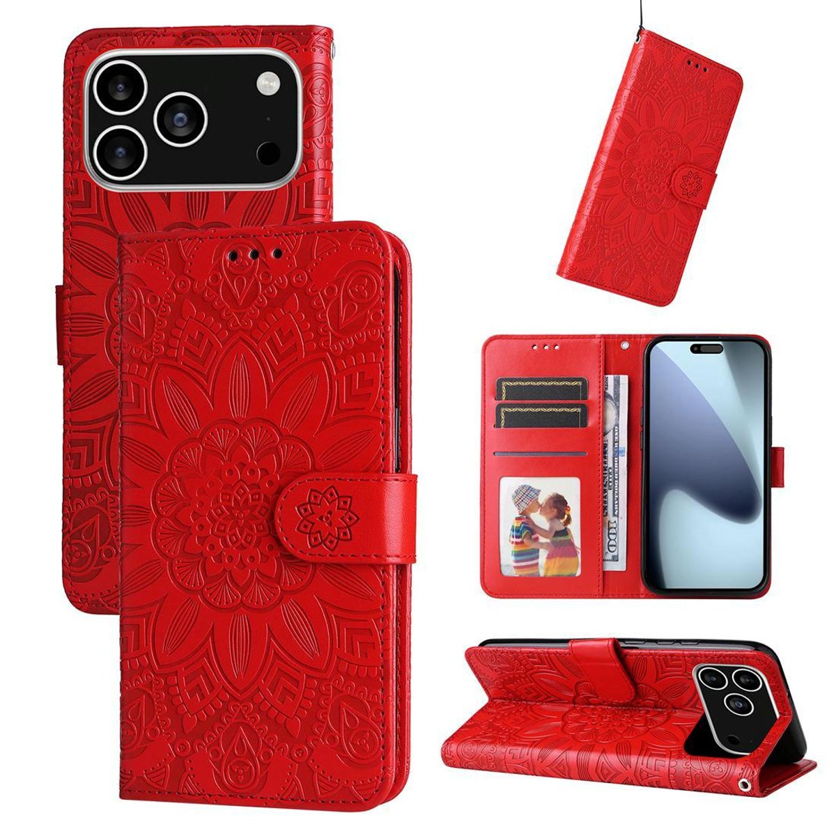 Mobigear Telefoonhoesje geschikt voor Apple iPhone 17 Pro Hoesje | Mobigear Sunflower Bookcase Portemonnee | Pasjeshouder voor 3 Pasjes | Telefoonhoesje voor Pinpas / OV Kaart / Rijbewijs - Rood