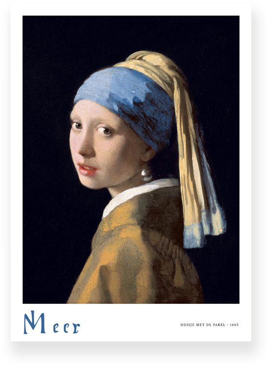 Poster 50x70 cm - Meisje met de Parel - Johannes Vermeer - Oorring - Blauw - Geel - Wit - Klassiek - Portret - Muurdecoratie - Wanddecoratie
