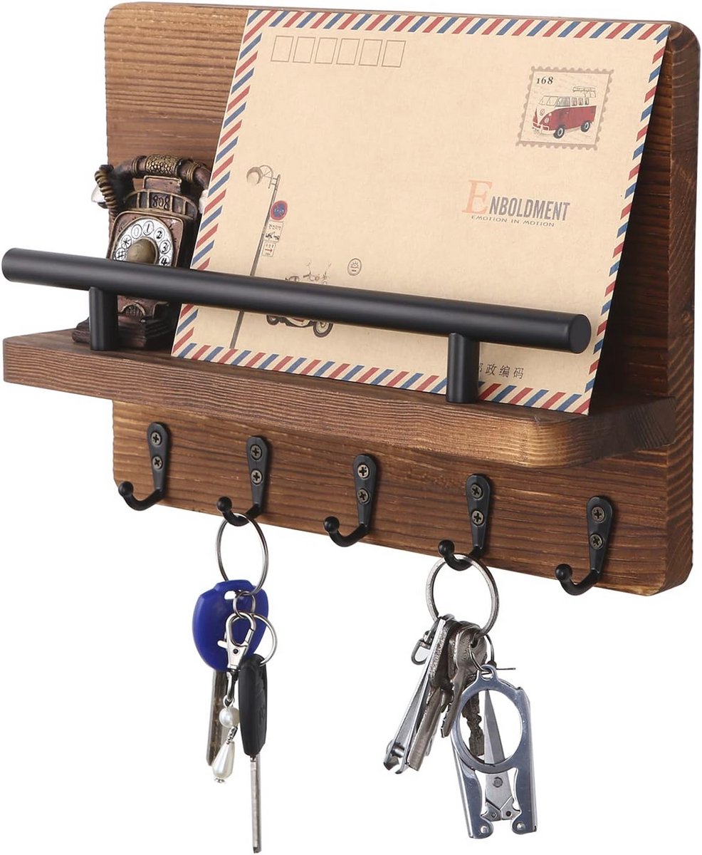 Houten Sleutelrek en Brievenbus met 5 Haken - Wandorganizer voor Sleutels en Post