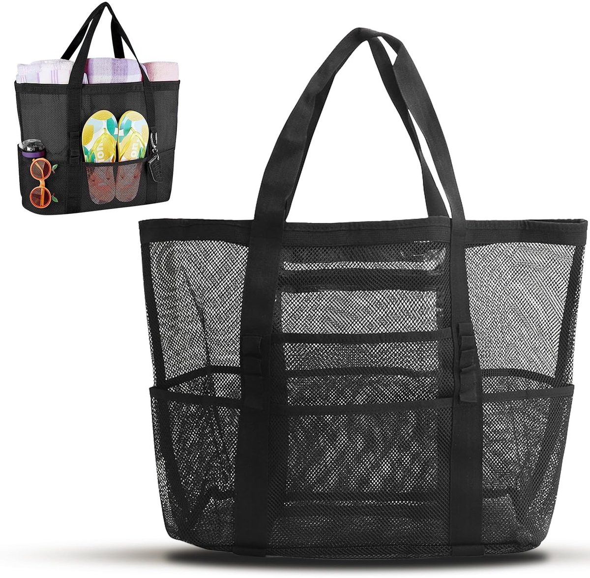 Ibenzoa® Strandtas met net voor zandspeelgoed - Draagbaar, zwart, grote capaciteit