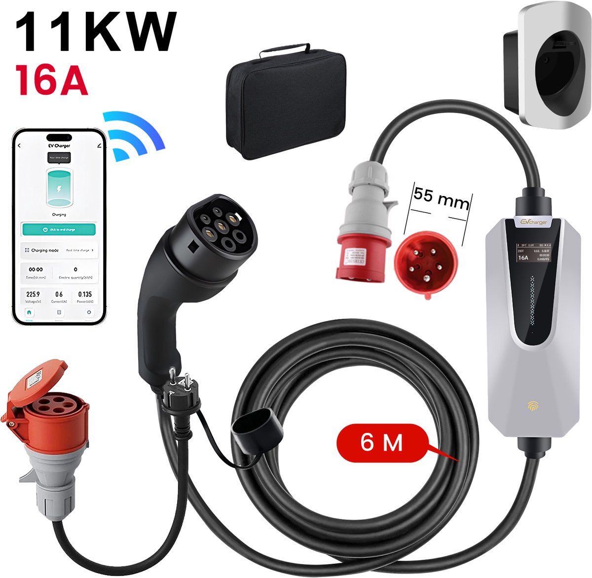 JUNSUN Draagbare 3.68/11kW EV Laadkabel - WiFi Bediening & LCD Scherm