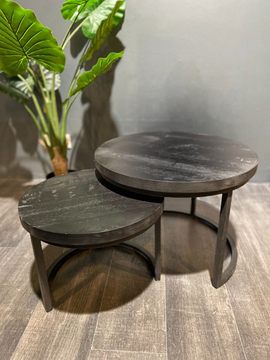 Bijzettafel Set van 2 – Zwart Mangohout & Metaal – Industrieel Rond Design