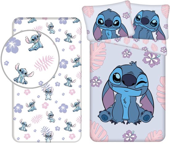 Hoeslaken met Stitch en paarse en roze bloemen en bladeren.