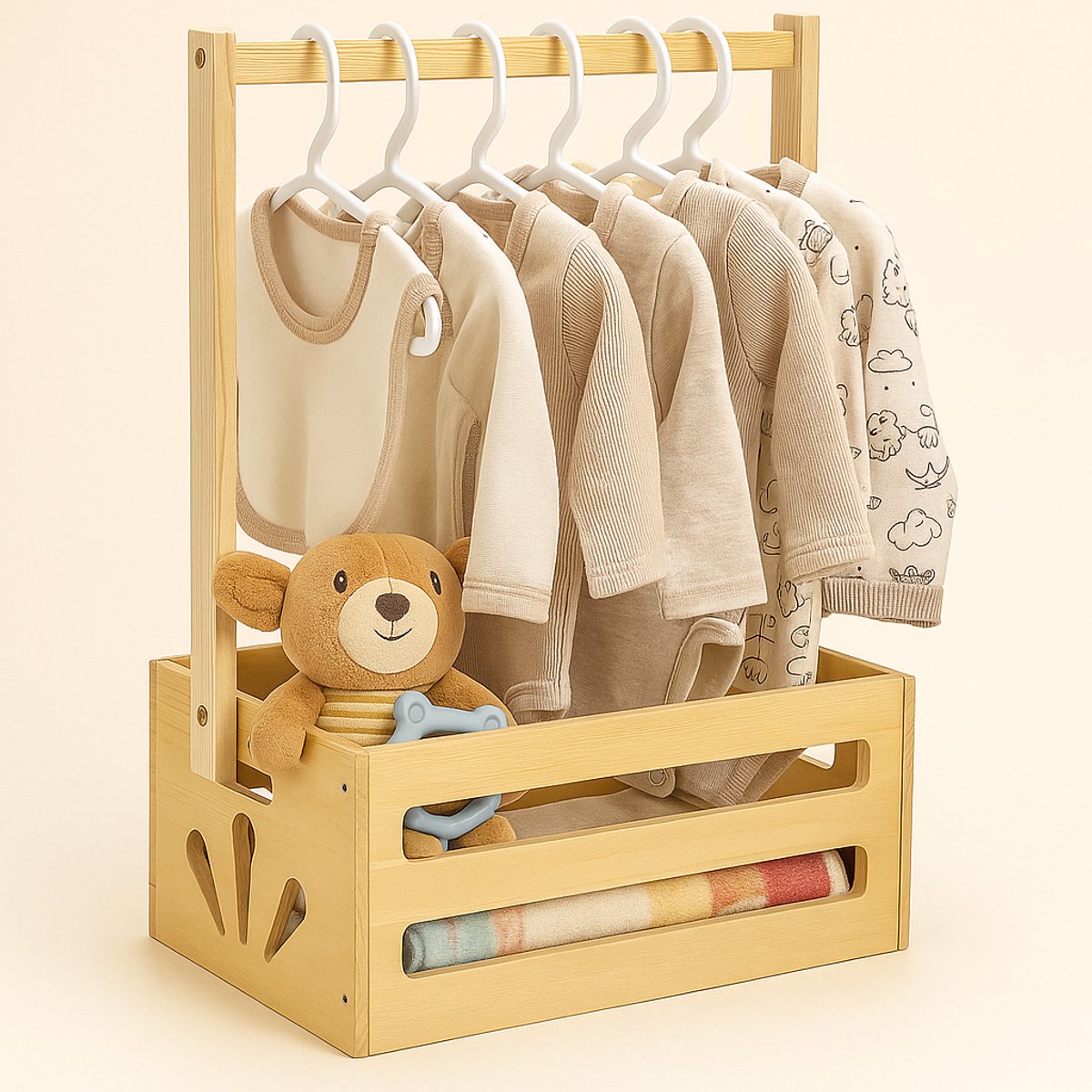 Babyshower krat kast met houten mand en 5 hangers voor