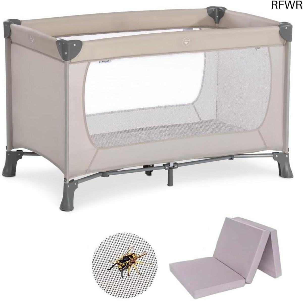 RFWR® Campingbedje Set met Matras en Muggennet voor Baby en Peuter - Inklapbaar Reisbedje Beige