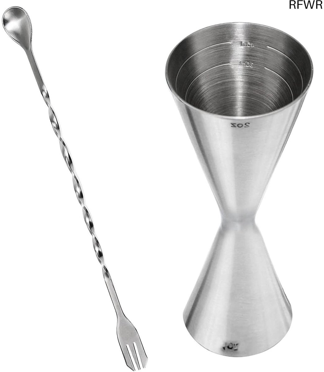 RFWR® Cocktail Jigger Maatbeker 30 ml/60 ml met Menglepel - Roestvrij Staal