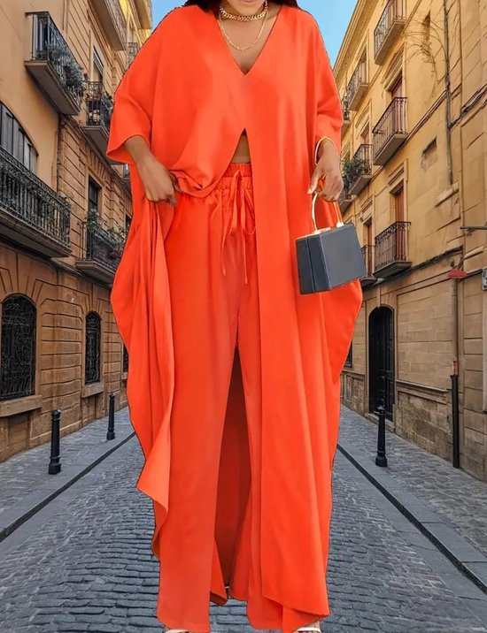 Luxe Oversized luchtige Dames Set – Oranje Kaftan Top Wijde