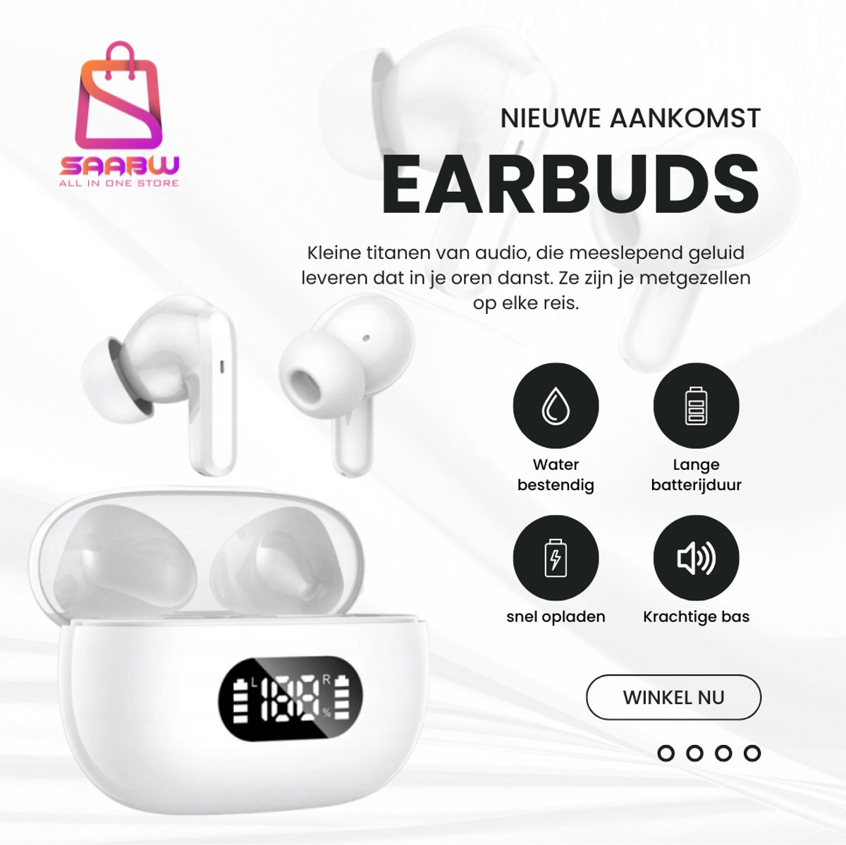 Bluetooth oordopjes draadloos – LED Oplaadcase met Display – Touch Control – oordopjes usb c – oordopjes slapen – in-ear oordopjes – Wit - 74986