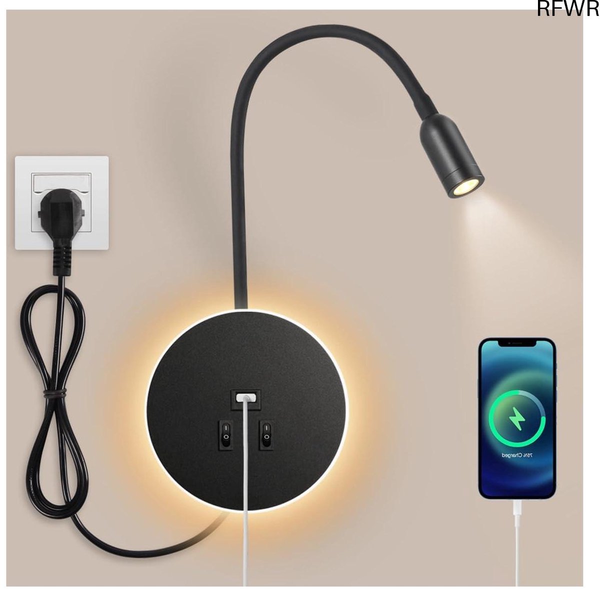 RFWR® LED Zwanenhals Leeslamp met USB Oplaadstation en Schakelaar voor Slaapkamer