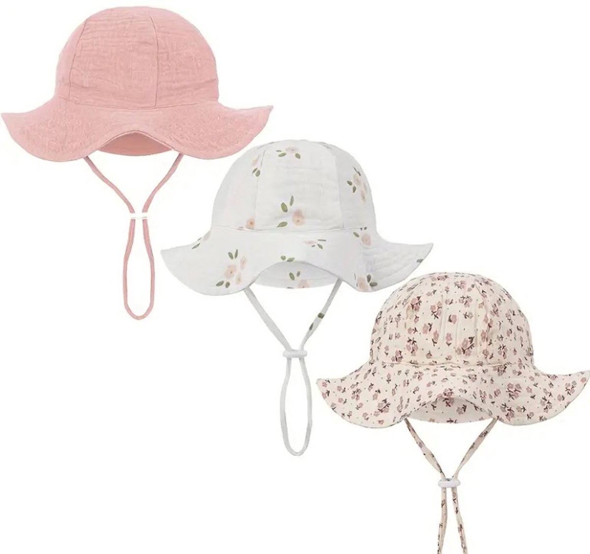 3 stuks Zonnehoedjes - Vakantie Zonnehoed Hydrofiel - Katoen - Bloem - Bloemetjes - Rose | 3 – 18 Maanden | Baby – Kind | UV Werend | Elastiek – Licht Uitrekbaar | Strandhoedje - Zomer Accessoire | Voor op het strand of onderweg! | DH collection