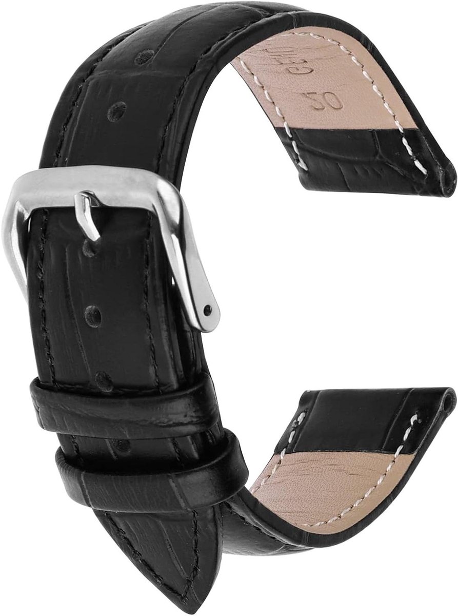 Vintage leren horlogeband - Zwarte horlogeband met RVS gesp - Snelsluiting - Heren en dames - 22 mm