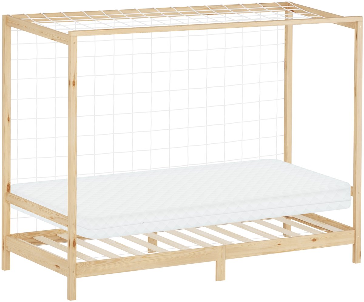 ml-design voetbal kinderbed peuterbed 90x200 cm naturel inclusief matras H:10 cm lattenbodem net massief grenenhouten bedframe valbeveiliging dakconstructie jeugdbed speelbed vloerbed juniorbed voor jongens en meisjes Beige, Wit
