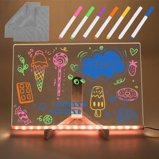 LED Note Board 30x20cm - Oplichtend Acryl Droogwisboard Met Standaard En Kleuren Pennen